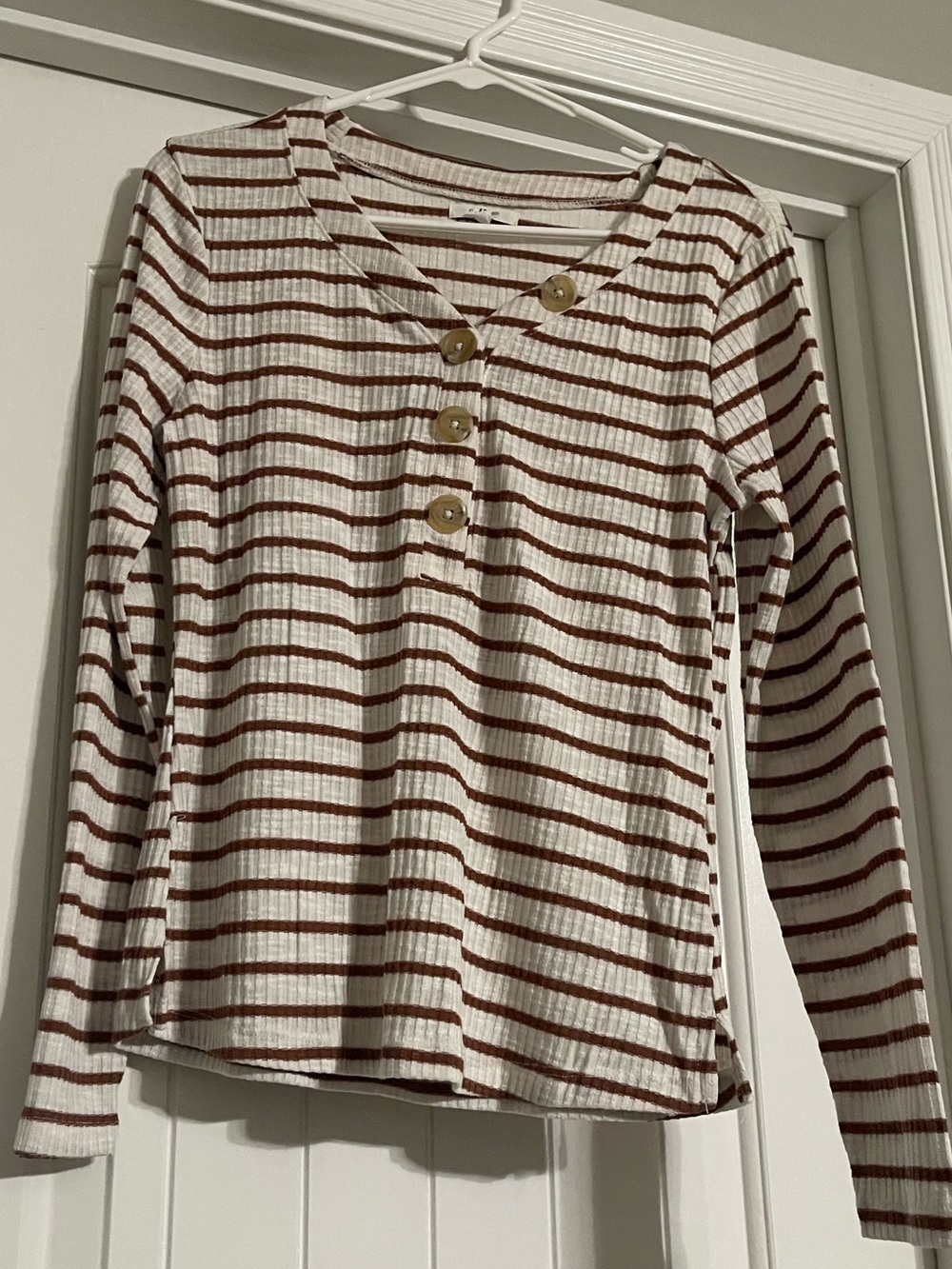 Maurices Cream and Brown Striped Ribbed Henley Long Sleeve Top